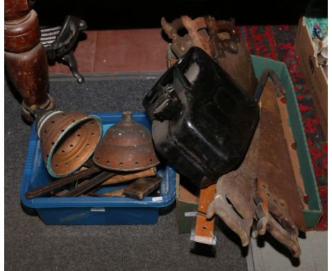 Two boxes of old tools to include set squares, saws, spanners and stilsons, along with a 10 litre fuel can.