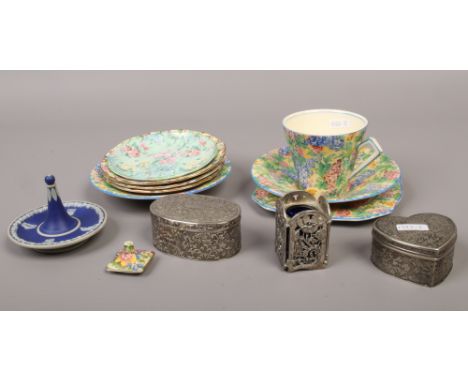 A small collection of Royal Winton Chintz pottery teawares, a Shelley Melody pattern saucer, Wedgwood Jasperware ring stud an