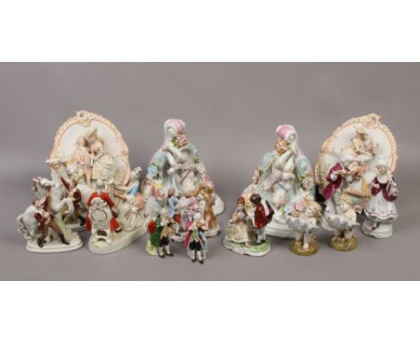 A group of Capodimonte and Meissen style ceramic ornaments and figures including a pair of corbels.