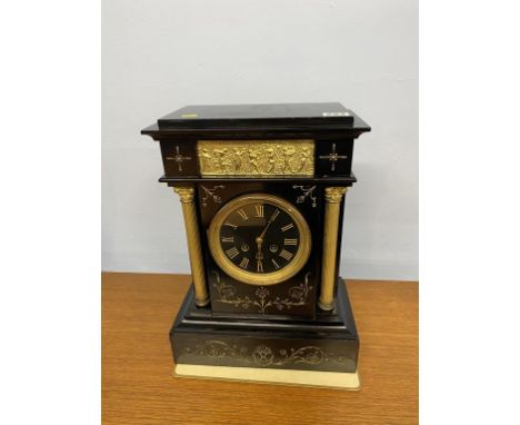 A Victorian slate mantel clock, with eight day movement, strike action and gilt decoration, 40cm height