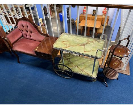 A telephone seat, a tea trolley and a cake stand