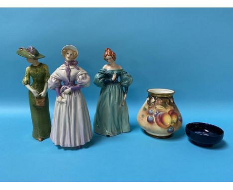 Three Goebel figures, 'Edwardian Grace', 'Gentle Thought', and 'Demure Elegance' and a Moorcroft dish and Worcester vase