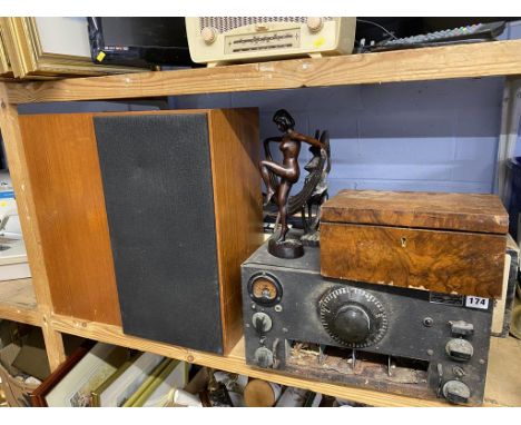 A tea caddy and vintage speakers etc.