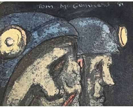 Tom McGuinness (1926 - 2006), watercolour, signed, dated 1981, 'Portrait of two Miners', 6 x 7cm
