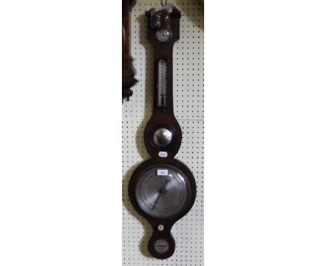 A wheel barometer, with thermometer, Dry/Damp dial, mirror and a level, in an inlaid rosewood case (a.f.) 93.5 cm high