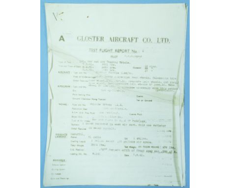 Frank Whittle related ephemera, including a Gloster Aircraft Co Ltd Test Flight Report No 1, blueprint drawings for W2B and W