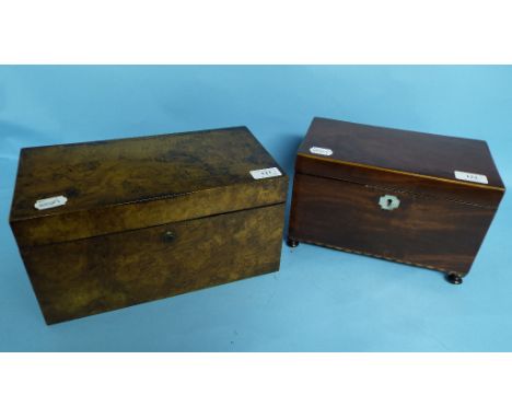 A burr walnut tea caddy, with fitted interior, 32 cm wide, and a similar mahogany tea caddy, converted to a stationery box, 2