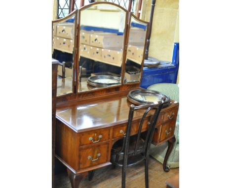 A mahogany bow front dressing table, two chests of drawers, a towel rail, chairs and other items (qty)