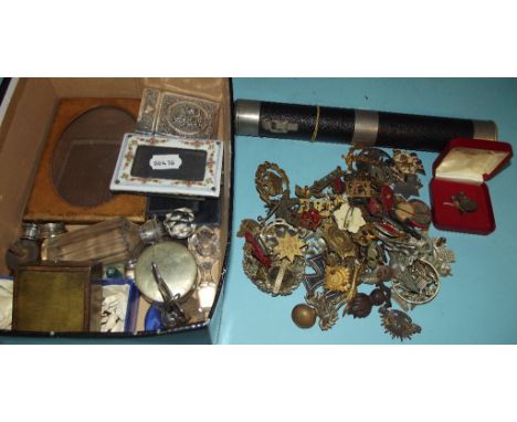 A WWII Ever Ready fisheye signalling torch, cap badges, a First China War medal miniature, a 9ct gold dress stud, and other i