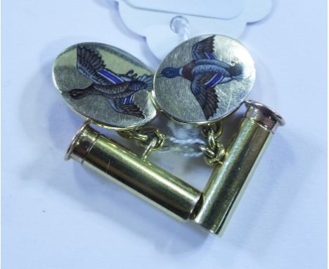 A pair of 9ct gold shooting cufflinks, decorated a brace of mallard in enamel and shot cartridge backs Condition report Repor