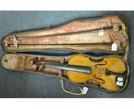 A violin, with a 14 inch two piece back, with two bows, one stamped Tourte, cased, and a concertina (2) Condition report Repo