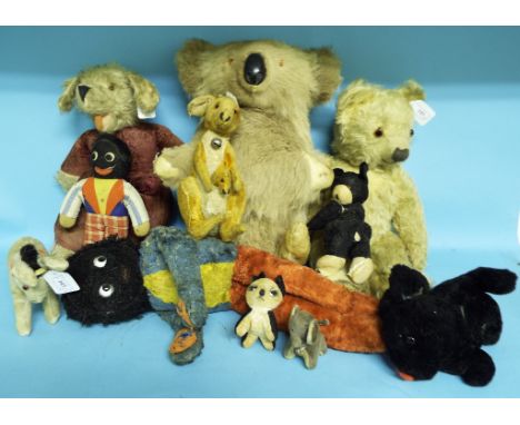 A Chad Valley style teddy bear, a Steiff style plush kangaroo and joey, 25 cm high, and plush toys (box)