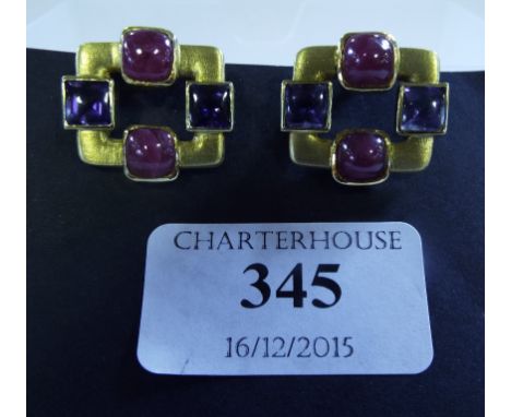 A pair of Kim Poor 18ct gold, cabochon sapphire and ruby earrings