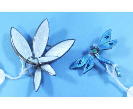 A silver and enamel dragonfly brooch, and a Norwegian silver and enamel brooch, in the form of leaves (a.f.) (2) 