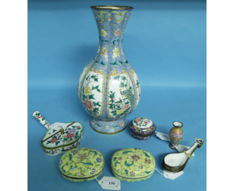 A Cantonese enamel vase, decorated birds, flowers and foliage, 34.5 cm high, a pair of similar boxes and covers, and other si