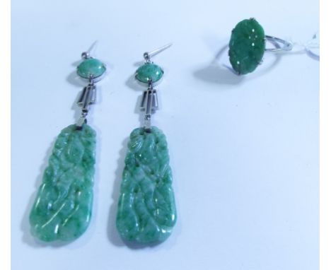 A pair of 9ct white gold and jade drop earrings, and a matching ring (2)