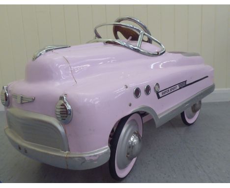 A painted model pedal car, Super Sport in pale pink livery with rubber wheels&nbsp; 40"L overall 