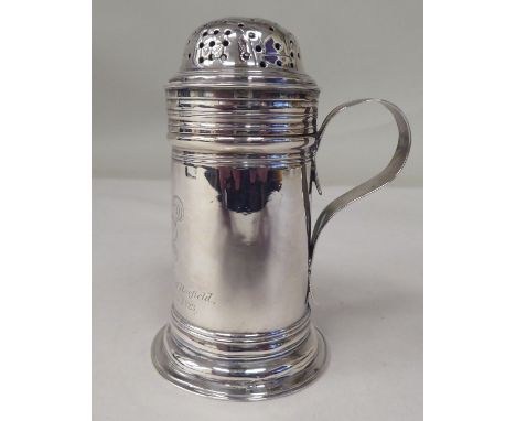 A George III silver cylindrical sander with a perforated cover and loop handle&nbsp; bears a contemporary presentation inscri