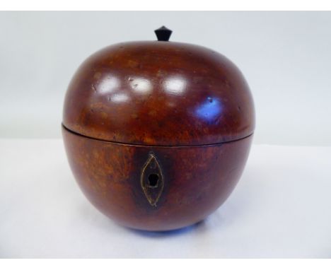 A 19thC turned treen tea caddy in the form of an apple with a lockable, hinged lid&nbsp; 5.25"h 