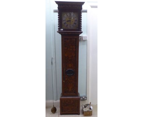 A late 18thC walnut figured mahogany and marquetry longcase clock; the hood with a straight top and barleytwist pilasters, th