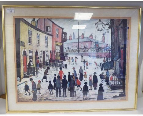 After L S Lowry - 'Street scene with public procession (1938)'&nbsp; coloured print&nbsp; 17" x 23"&nbsp; framed 