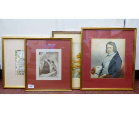 Four framed pictures: to include three watercolours&nbsp; bearing signatures; and after Jena Oster - 'Waiting'&nbsp; monochro