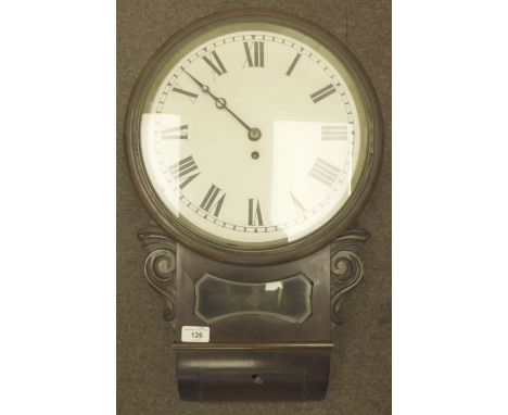 A late Victorian mahogany cased drop dial timepiece with a turned surround and pendulum window; the single fusee movement fac