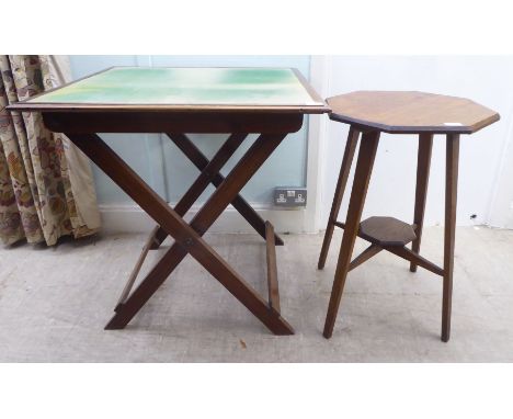 An early 20thC light oak octagonal side table, raised on square, tapered legs&nbsp; 27"h&nbsp; 18"dia; and a contemporary oak