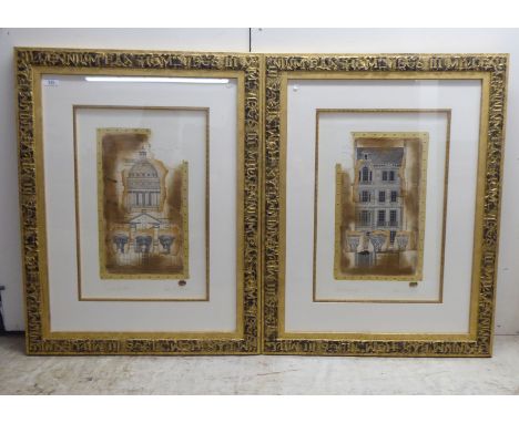 After Kevin Blackham - 'L'architecture I' and 'L'architecture II'&nbsp; coloured blue print design&nbsp; both bearing pencil 