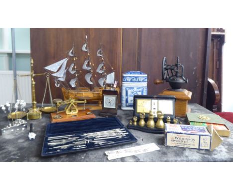 Collectables: to include a set of Edwardian brass postal balance scales with weights; and a vintage style tabletop coffee gri