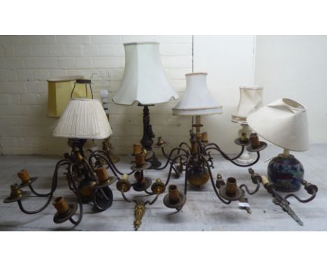Mainly 20thC interior lighting: to include a pair of Dutch design brass centre lights&nbsp; 22"dia"spread 