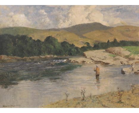Norman Wilkinson CBE PPRI (1878-1971) Fishing on the River Orchy Signed, oil on canvas, 59.5cm by 80cm Artist's Resale Rights