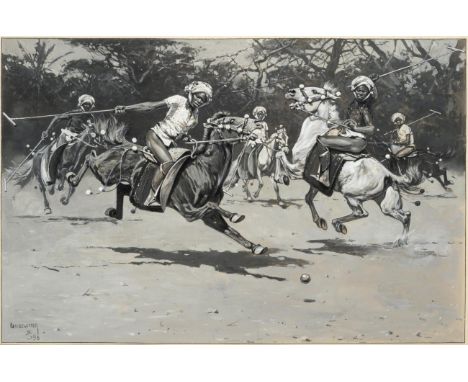 Hugo Ungewitter (1869-1944) Manipuris playing polo  Signed and dated (18)95, mixed media en grisaille, 29cm by 44cm 