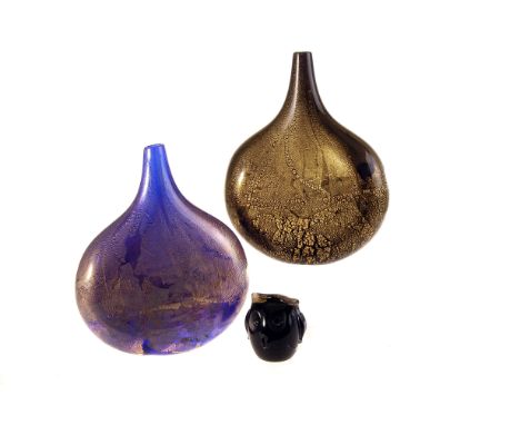 Two Isle of Wight glass vases, one light blue the other dark, both with gilt decoration, together with an Isle of Wight glass
