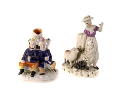 Nine Staffordshire ceramic figures, including 'The Falconer', 'Returning Home', a sheep spill vase and more, AF (parcel)