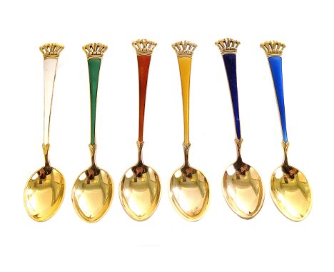 A set of six continental silver gilt and enamel spoons, having crown design to terminal, in various colours of enamel, AF