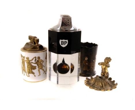 A small collection of works of art, to include a BP oil sample table light, another example with Neo-Classical style decorati