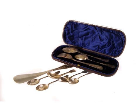 A Georgian silver mixed christening set, together with a Georgian caddy spoon, three Sheffield marked tea spoons, another exa