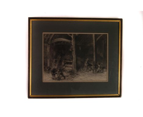 G. Vernon Stokes, lithograph print, depicting hounds in a barn, signed to bottom right, approx. 24cm by 32.5cm, framed and gl
