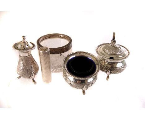 A three piece Indian silver condiment set, together with a silver cased lighter with engine turned design and another silver 