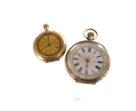 A continental silver open faced pocket watch, having black Roman numerals to a white enamel and gilt decorated face, together