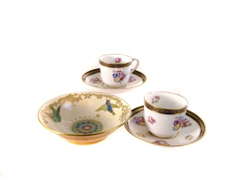 Six Copeland coffee cups and saucers, with hand painted floral design, heightened with Royal blue and gilt design to rim, tog