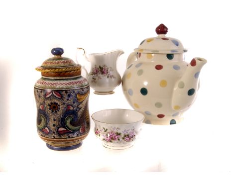 A selection of ceramic and stoneware items, including a Leach stoneware single handled casual pot and cover, two Emma Bridgew