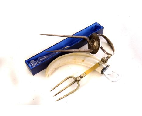 A boar tusk bottle opener, together with a Waterford crystal letter opener, a carving spike and a fork (4)