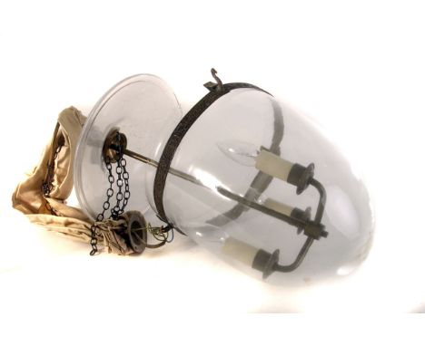 A collection of four ceiling light fittings, the brass tri-light fittings with suspended glass dome shade, with swag design t