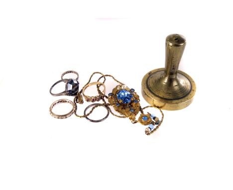 A collection of various jewels, including gold and silver rings etc., together with a collection of small ivory letters and a