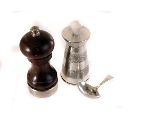 A 1960s silver hallmarked pepper grinder, marked Birmingham, with engine turned design, together with a wooden pepper grinder