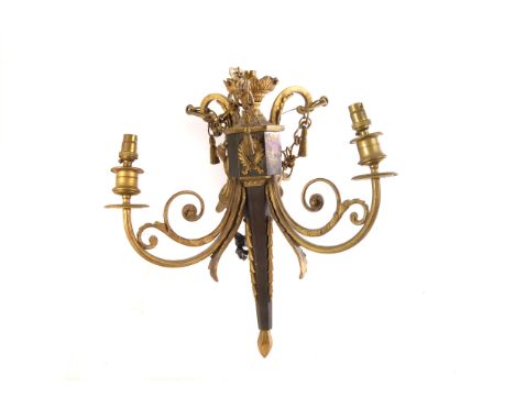 A three branch hanging light fitting, the brass branches with swag design and brass wreath applied design to centre 