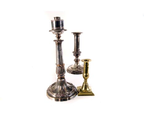 A pair of Old Sheffield plate candlesticks, together with a pair of brass candlesticks and a silver plated candlestick conver