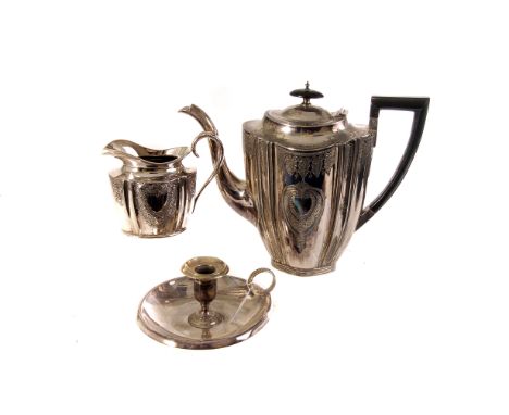 A collection of silver plated items, including a three piece coffee set, a chamber stick, flatware and more (parcel)